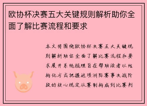欧协杯决赛五大关键规则解析助你全面了解比赛流程和要求