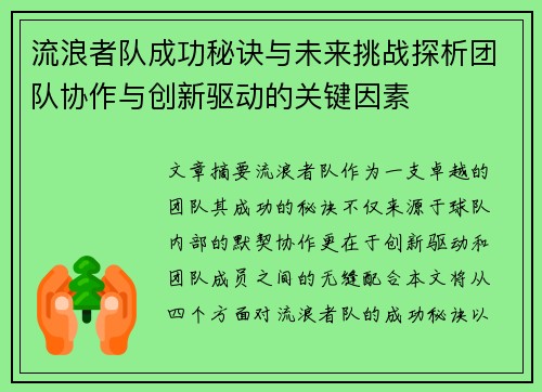 流浪者队成功秘诀与未来挑战探析团队协作与创新驱动的关键因素