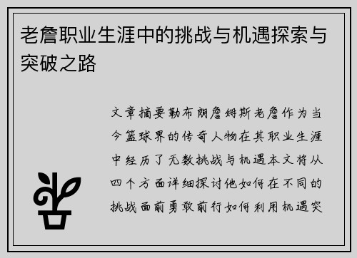 老詹职业生涯中的挑战与机遇探索与突破之路 老詹职业生涯中的挑战与机遇探索与突破之路
